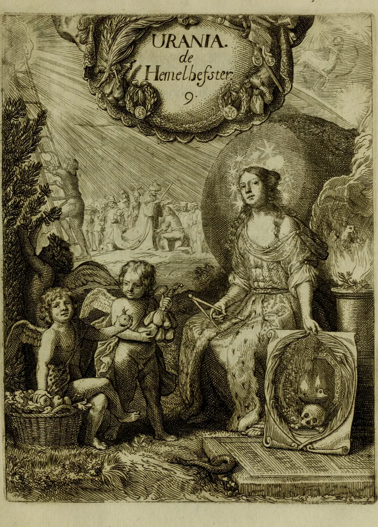 An illustration from Inleyding tot de hooge schoole der schilderkonst: anders de zichtbaere werelt. : verdeelt in negen leerwinkels, yder bestiert door eene der zanggodinnen. Ten hoogsten noodzakelijk, tot onderwijs, voor alle die deeze edele, vrye, en hooge konst oeffenen, of met yver zoeken te leeren, of anders eenigzins beminnen., 1678, leaf 368