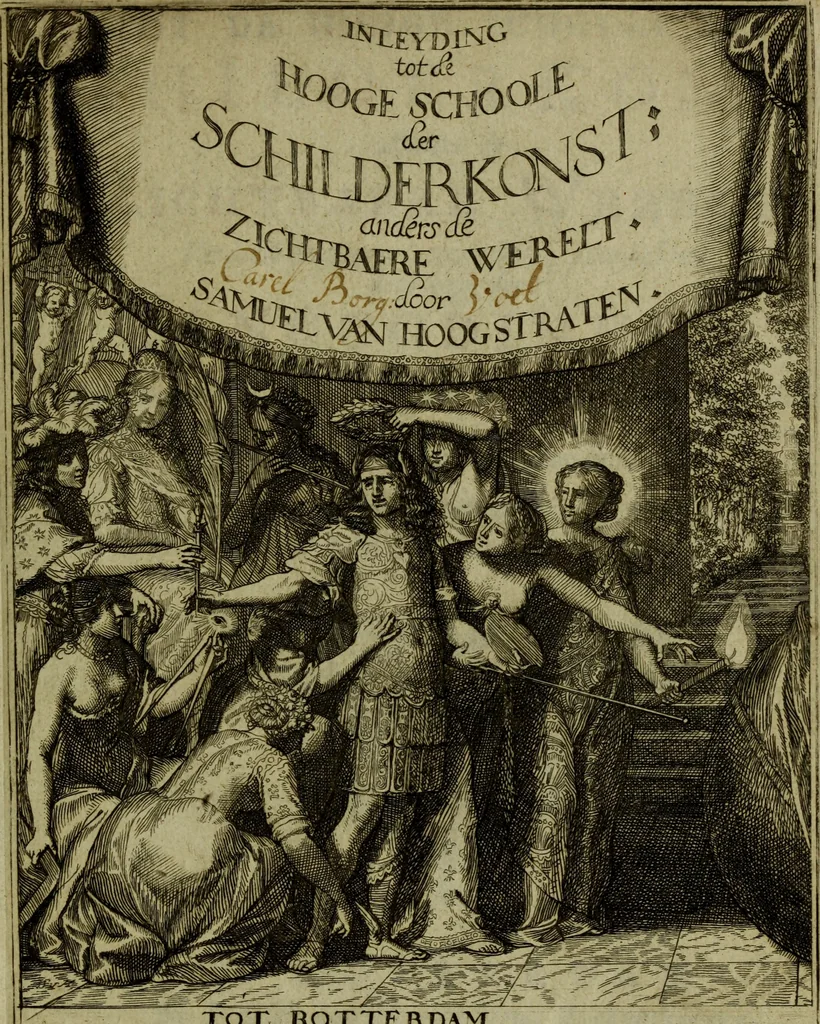 An illustration from Inleyding tot de hooge schoole der schilderkonst: anders de zichtbaere werelt. : verdeelt in negen leerwinkels, yder bestiert door eene der zanggodinnen. Ten hoogsten noodzakelijk, tot onderwijs, voor alle die deeze edele, vrye, en hooge konst oeffenen, of met yver zoeken te leeren, of anders eenigzins beminnen., 1678, leaf 4