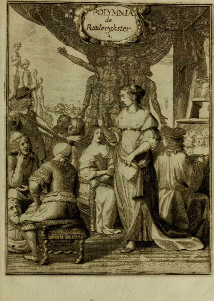 An illustration from Inleyding tot de hooge schoole der schilderkonst: anders de zichtbaere werelt. : verdeelt in negen leerwinkels, yder bestiert door eene der zanggodinnen. Ten hoogsten noodzakelijk, tot onderwijs, voor alle die deeze edele, vrye, en hooge konst oeffenen, of met yver zoeken te leeren, of anders eenigzins beminnen., 1678, leaf 60