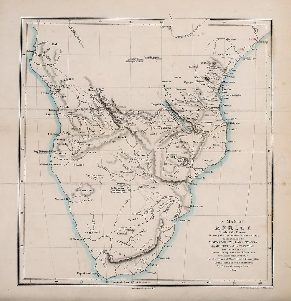 An illustration from Inner Africa laid open, in an attempt to trace the chief lines of communication across that continent south of the equator; with the routes to the Muropue and the Cazembe, Moenemoezi and Lake Nyassa; the journeys of the Rev. Dr. Krapf and the Rev. J. Rebmann on the eastern coast; and the discoveries of Messrs. Oswell and Livingstone in the heart of the continent, 1852, leaf 8