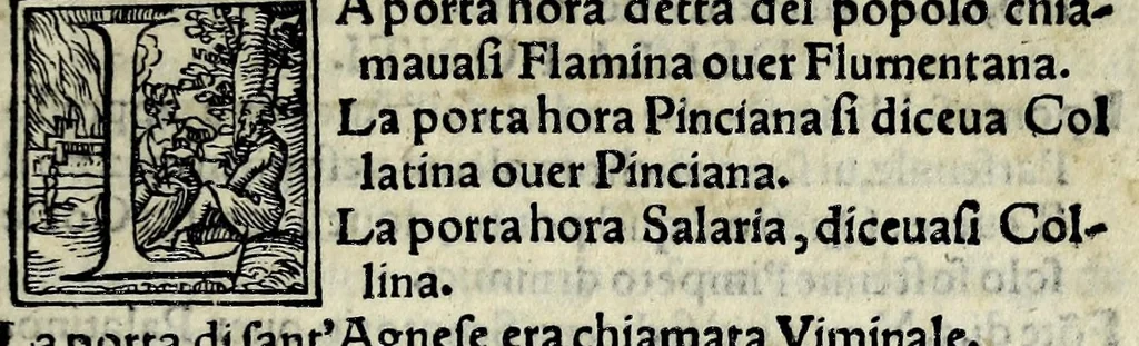 An illustration from I nomi antichi et moderni dell'antica citta di Roma & de tutti i popoli, provincie, citta, fiumi, monti, selue & altri luochi de tutta Italia, come al presente si adimandano, 1550, leaf 9