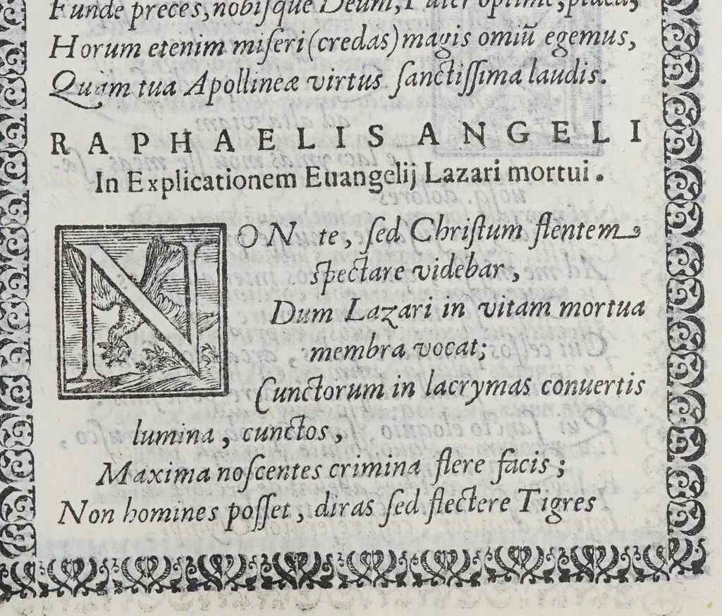 An illustration from In Rev. admodum D. Marcellum Tolosam Congreg. clericorum regularium theologum, & concionatorem praestantissimum diuersorum scriptorum Veronensium elogia. : Ad illustriss. & Reuerendiss. D. D. Augustinum Valerium S. R.E. Card. Ampliss. & Veronae episcopum., 1591, leaf 31
