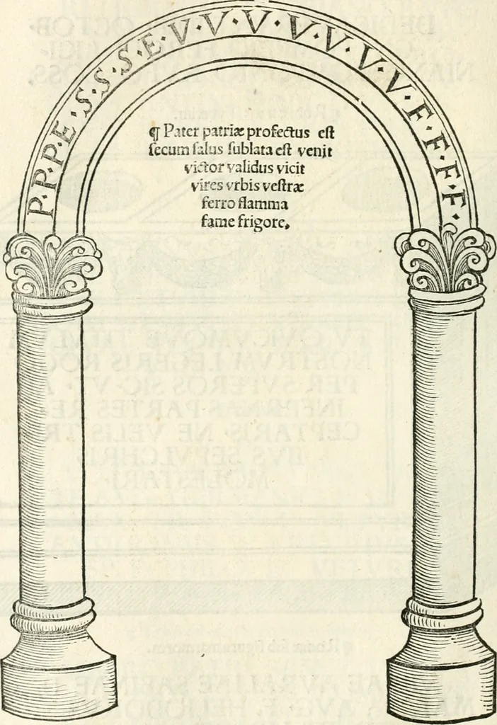 An illustration from Inscriptiones sacrosanctae vetvstatis : non illae qvidem romanae, sed totivs fere orbis svmmo stvdio ac maximis impensis Terra Mariqs conquisitæ feliciter incipiunt, 1534, leaf 263