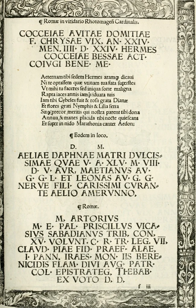 An illustration from Inscriptiones sacrosanctae vetvstatis : non illae qvidem romanae, sed totivs fere orbis svmmo stvdio ac maximis impensis Terra Mariqs conquisitæ feliciter incipiunt, 1534, leaf 270