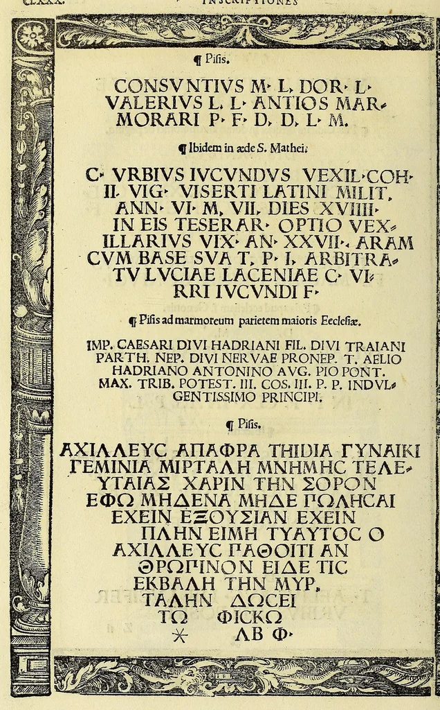An illustration from Inscriptiones sacrosanctae vetustatis non illae quidem Romanae, sed totius fere orbis summo studio ac maxiimis impensis terra mariq[ue] conquisitae feliciter incipiunt., 1534, leaf 222