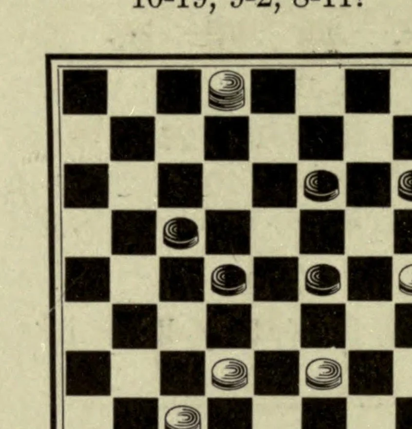 An illustration from "Inside" checkers, an exhaustive analysis of selected games played between the best masters and amateurs, being a revelation in scientific play for beginners, amateurs, students, and votaries of the game, 1922, leaf 40