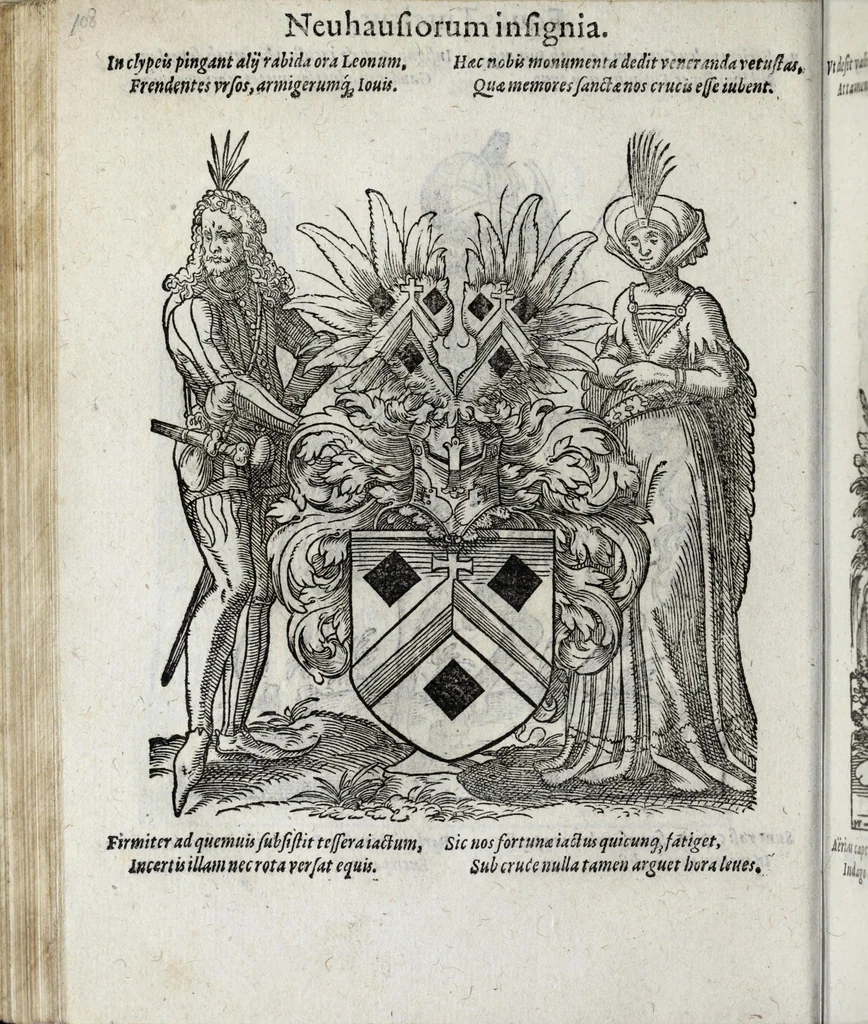 An illustration from Insignia sacrae caesareae maiestatis, principvm electorvm, ac aliqvot illvstrissimarvm, illvstrium, nobilium, & aliarum familiarum, formis artificiosissimis expressa : addito cuiq[ue] peculiari symbolo, & carmine octasticho, quibus cum ipsum insigne tum symbolum ingeniosè, ac sine vlla arrogantia vel mordacitate, liberaliter explicantur : his adiecta svnt totidem vacva (vti appellant) scuta, vt alij quoq[ue], quib. hoc institutum placebit, suae etiam gentis imagines penicillo adijcere possint .., 1579, leaf 140