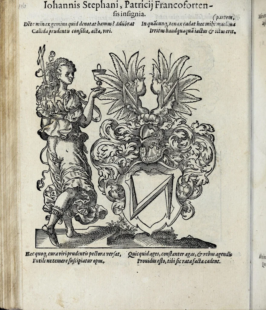 An illustration from Insignia sacrae caesareae maiestatis, principvm electorvm, ac aliqvot illvstrissimarvm, illvstrium, nobilium, & aliarum familiarum, formis artificiosissimis expressa : addito cuiq[ue] peculiari symbolo, & carmine octasticho, quibus cum ipsum insigne tum symbolum ingeniosè, ac sine vlla arrogantia vel mordacitate, liberaliter explicantur : his adiecta svnt totidem vacva (vti appellant) scuta, vt alij quoq[ue], quib. hoc institutum placebit, suae etiam gentis imagines penicillo adijcere possint .., 1579, leaf 150