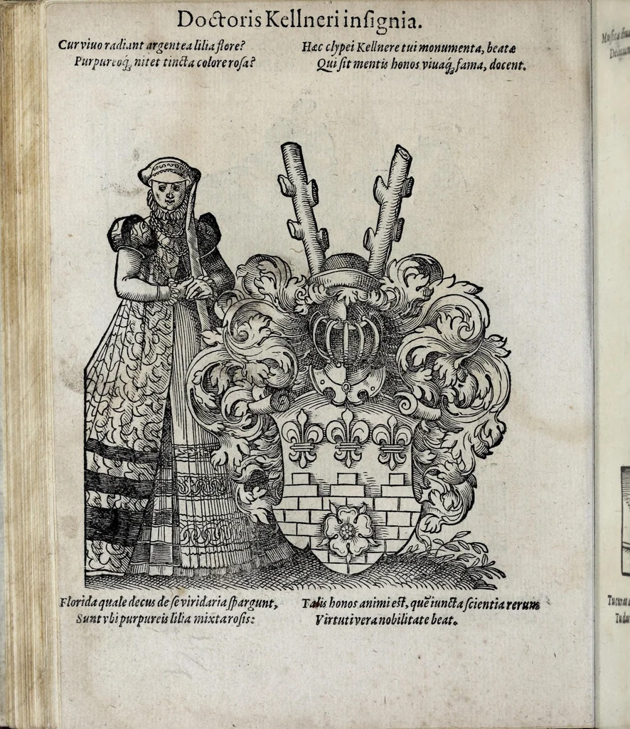 An illustration from Insignia sacrae caesareae maiestatis, principvm electorvm, ac aliqvot illvstrissimarvm, illvstrium, nobilium, & aliarum familiarum, formis artificiosissimis expressa : addito cuiq[ue] peculiari symbolo, & carmine octasticho, quibus cum ipsum insigne tum symbolum ingeniosè, ac sine vlla arrogantia vel mordacitate, liberaliter explicantur : his adiecta svnt totidem vacva (vti appellant) scuta, vt alij quoq[ue], quib. hoc institutum placebit, suae etiam gentis imagines penicillo adijcere possint .., 1579, leaf 154