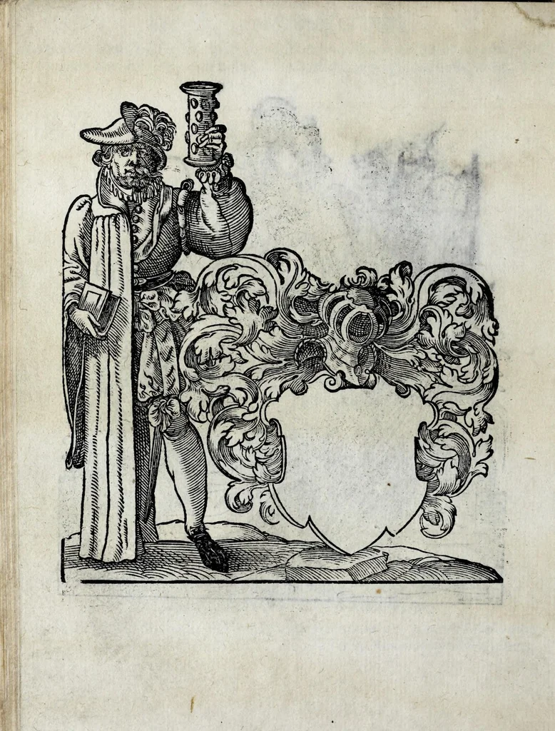 An illustration from Insignia sacrae caesareae maiestatis, principvm electorvm, ac aliqvot illvstrissimarvm, illvstrium, nobilium, & aliarum familiarum, formis artificiosissimis expressa : addito cuiq[ue] peculiari symbolo, & carmine octasticho, quibus cum ipsum insigne tum symbolum ingeniosè, ac sine vlla arrogantia vel mordacitate, liberaliter explicantur : his adiecta svnt totidem vacva (vti appellant) scuta, vt alij quoq[ue], quib. hoc institutum placebit, suae etiam gentis imagines penicillo adijcere possint .., 1579, leaf 158