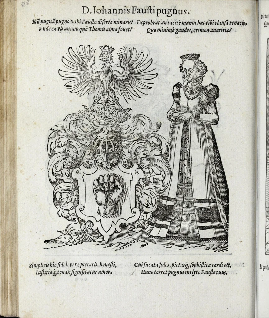 An illustration from Insignia sacrae caesareae maiestatis, principvm electorvm, ac aliqvot illvstrissimarvm, illvstrium, nobilium, & aliarum familiarum, formis artificiosissimis expressa : addito cuiq[ue] peculiari symbolo, & carmine octasticho, quibus cum ipsum insigne tum symbolum ingeniosè, ac sine vlla arrogantia vel mordacitate, liberaliter explicantur : his adiecta svnt totidem vacva (vti appellant) scuta, vt alij quoq[ue], quib. hoc institutum placebit, suae etiam gentis imagines penicillo adijcere possint .., 1579, leaf 176