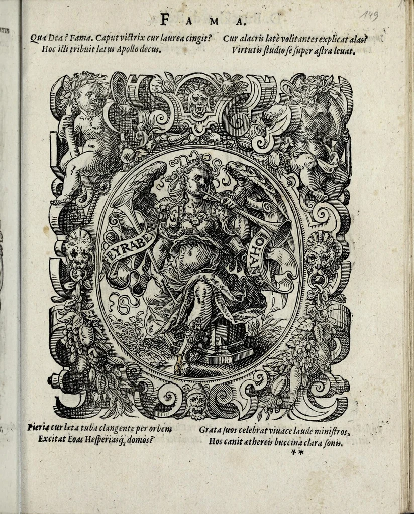 An illustration from Insignia sacrae caesareae maiestatis, principvm electorvm, ac aliqvot illvstrissimarvm, illvstrium, nobilium, & aliarum familiarum, formis artificiosissimis expressa : addito cuiq[ue] peculiari symbolo, & carmine octasticho, quibus cum ipsum insigne tum symbolum ingeniosè, ac sine vlla arrogantia vel mordacitate, liberaliter explicantur : his adiecta svnt totidem vacva (vti appellant) scuta, vt alij quoq[ue], quib. hoc institutum placebit, suae etiam gentis imagines penicillo adijcere possint .., 1579, leaf 201