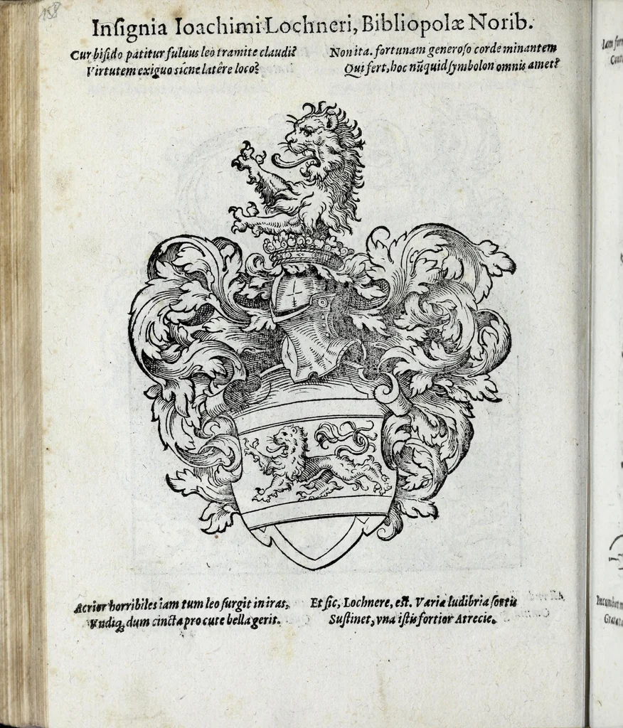 An illustration from Insignia sacrae caesareae maiestatis, principvm electorvm, ac aliqvot illvstrissimarvm, illvstrium, nobilium, & aliarum familiarum, formis artificiosissimis expressa : addito cuiq[ue] peculiari symbolo, & carmine octasticho, quibus cum ipsum insigne tum symbolum ingeniosè, ac sine vlla arrogantia vel mordacitate, liberaliter explicantur : his adiecta svnt totidem vacva (vti appellant) scuta, vt alij quoq[ue], quib. hoc institutum placebit, suae etiam gentis imagines penicillo adijcere possint .., 1579, leaf 212