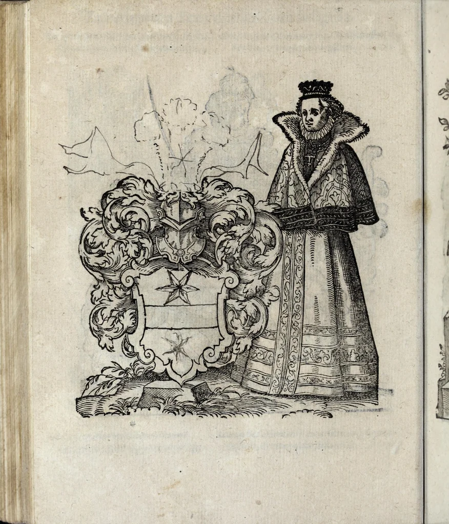 An illustration from Insignia sacrae caesareae maiestatis, principvm electorvm, ac aliqvot illvstrissimarvm, illvstrium, nobilium, & aliarum familiarum, formis artificiosissimis expressa : addito cuiq[ue] peculiari symbolo, & carmine octasticho, quibus cum ipsum insigne tum symbolum ingeniosè, ac sine vlla arrogantia vel mordacitate, liberaliter explicantur : his adiecta svnt totidem vacva (vti appellant) scuta, vt alij quoq[ue], quib. hoc institutum placebit, suae etiam gentis imagines penicillo adijcere possint .., 1579, leaf 222