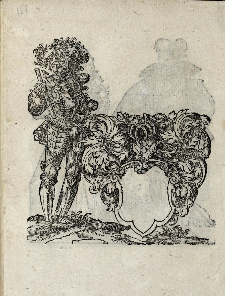 An illustration from Insignia sacrae caesareae maiestatis, principvm electorvm, ac aliqvot illvstrissimarvm, illvstrium, nobilium, & aliarum familiarum, formis artificiosissimis expressa : addito cuiq[ue] peculiari symbolo, & carmine octasticho, quibus cum ipsum insigne tum symbolum ingeniosè, ac sine vlla arrogantia vel mordacitate, liberaliter explicantur : his adiecta svnt totidem vacva (vti appellant) scuta, vt alij quoq[ue], quib. hoc institutum placebit, suae etiam gentis imagines penicillo adijcere possint .., 1579, leaf 226