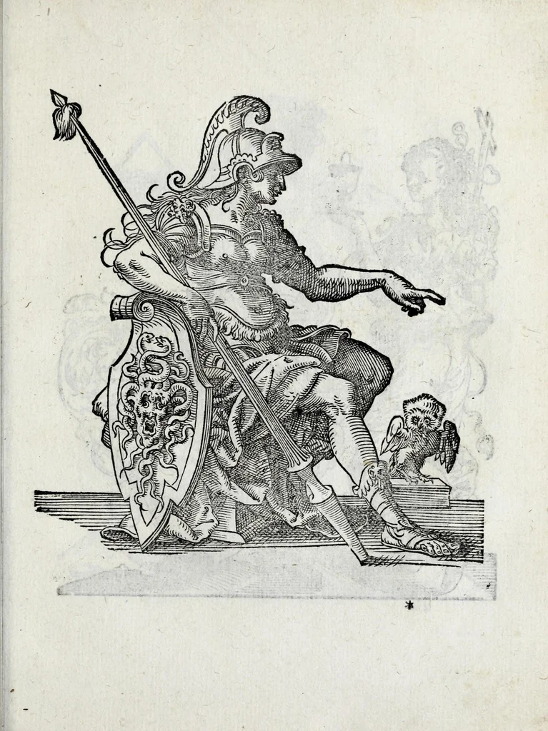 An illustration from Insignia sacrae caesareae maiestatis, principvm electorvm, ac aliqvot illvstrissimarvm, illvstrium, nobilium, & aliarum familiarum, formis artificiosissimis expressa : addito cuiq[ue] peculiari symbolo, & carmine octasticho, quibus cum ipsum insigne tum symbolum ingeniosè, ac sine vlla arrogantia vel mordacitate, liberaliter explicantur : his adiecta svnt totidem vacva (vti appellant) scuta, vt alij quoq[ue], quib. hoc institutum placebit, suae etiam gentis imagines penicillo adijcere possint .., 1579, leaf 229