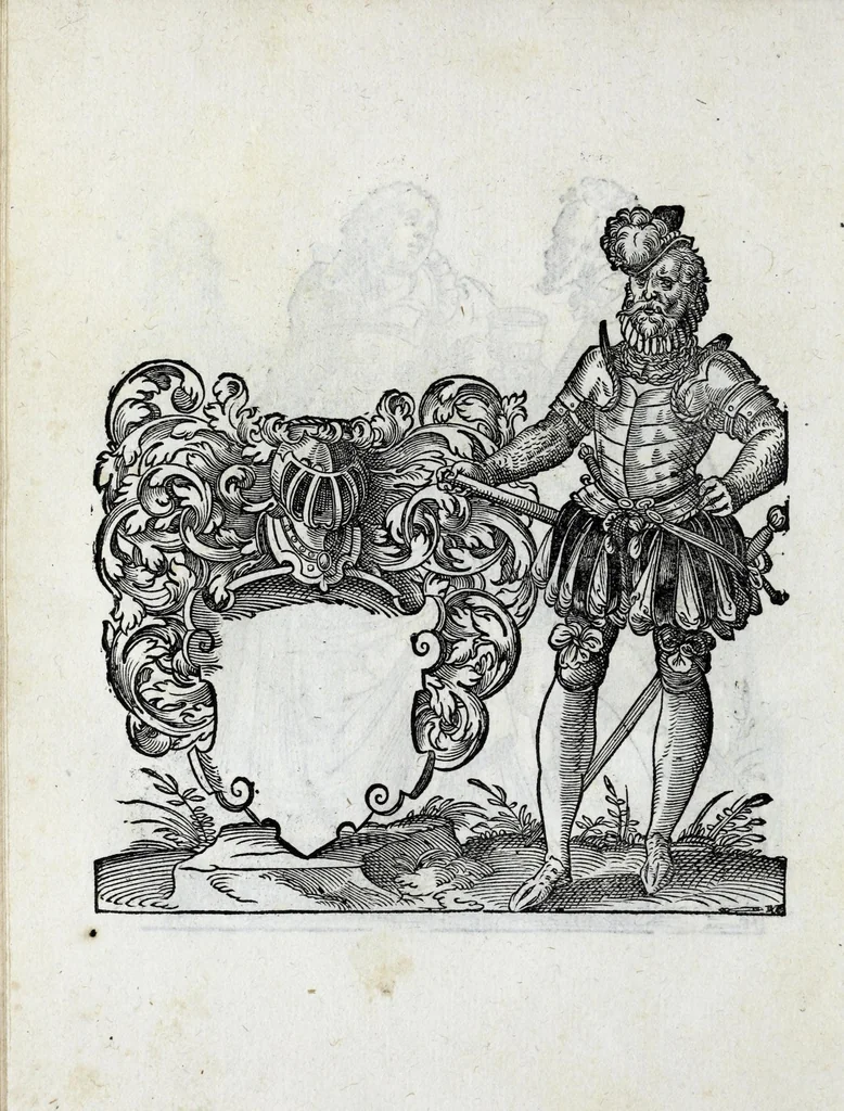 An illustration from Insignia sacrae caesareae maiestatis, principvm electorvm, ac aliqvot illvstrissimarvm, illvstrium, nobilium, & aliarum familiarum, formis artificiosissimis expressa : addito cuiq[ue] peculiari symbolo, & carmine octasticho, quibus cum ipsum insigne tum symbolum ingeniosè, ac sine vlla arrogantia vel mordacitate, liberaliter explicantur : his adiecta svnt totidem vacva (vti appellant) scuta, vt alij quoq[ue], quib. hoc institutum placebit, suae etiam gentis imagines penicillo adijcere possint .., 1579, leaf 240