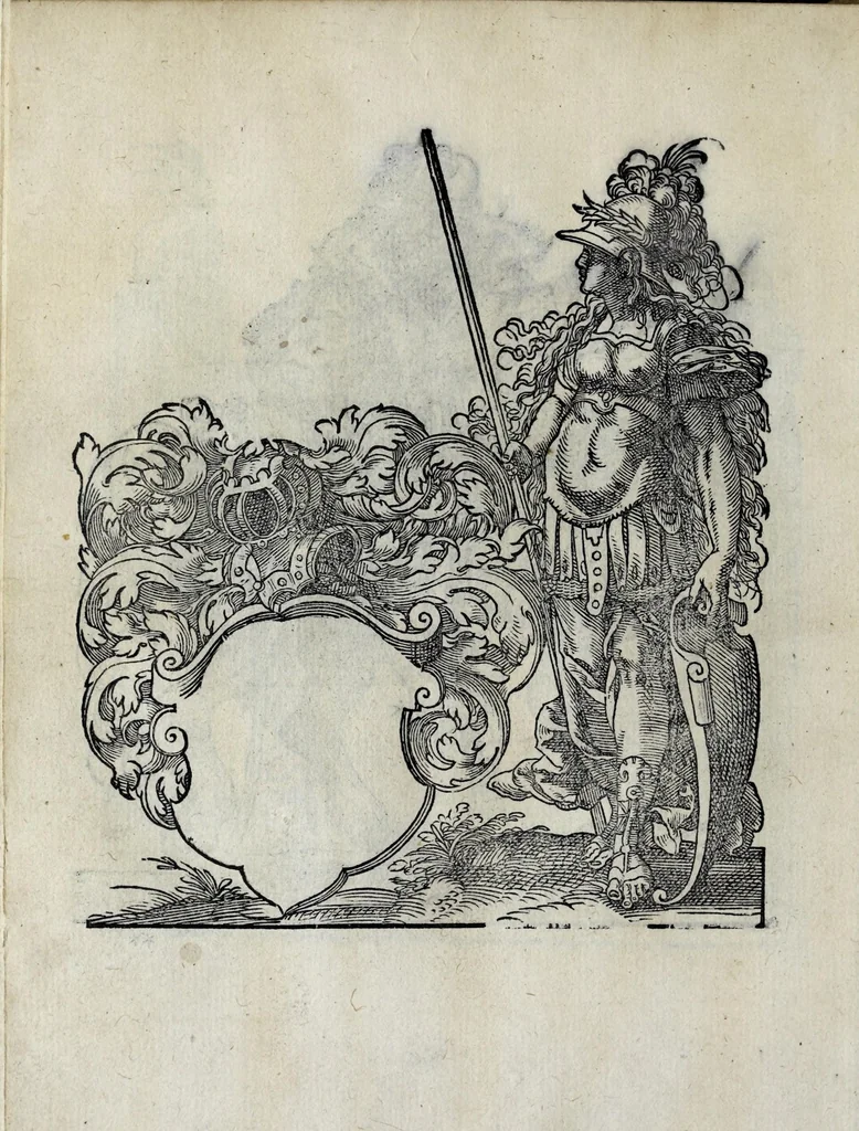An illustration from Insignia sacrae caesareae maiestatis, principvm electorvm, ac aliqvot illvstrissimarvm, illvstrium, nobilium, & aliarum familiarum, formis artificiosissimis expressa : addito cuiq[ue] peculiari symbolo, & carmine octasticho, quibus cum ipsum insigne tum symbolum ingeniosè, ac sine vlla arrogantia vel mordacitate, liberaliter explicantur : his adiecta svnt totidem vacva (vti appellant) scuta, vt alij quoq[ue], quib. hoc institutum placebit, suae etiam gentis imagines penicillo adijcere possint .., 1579, leaf 244