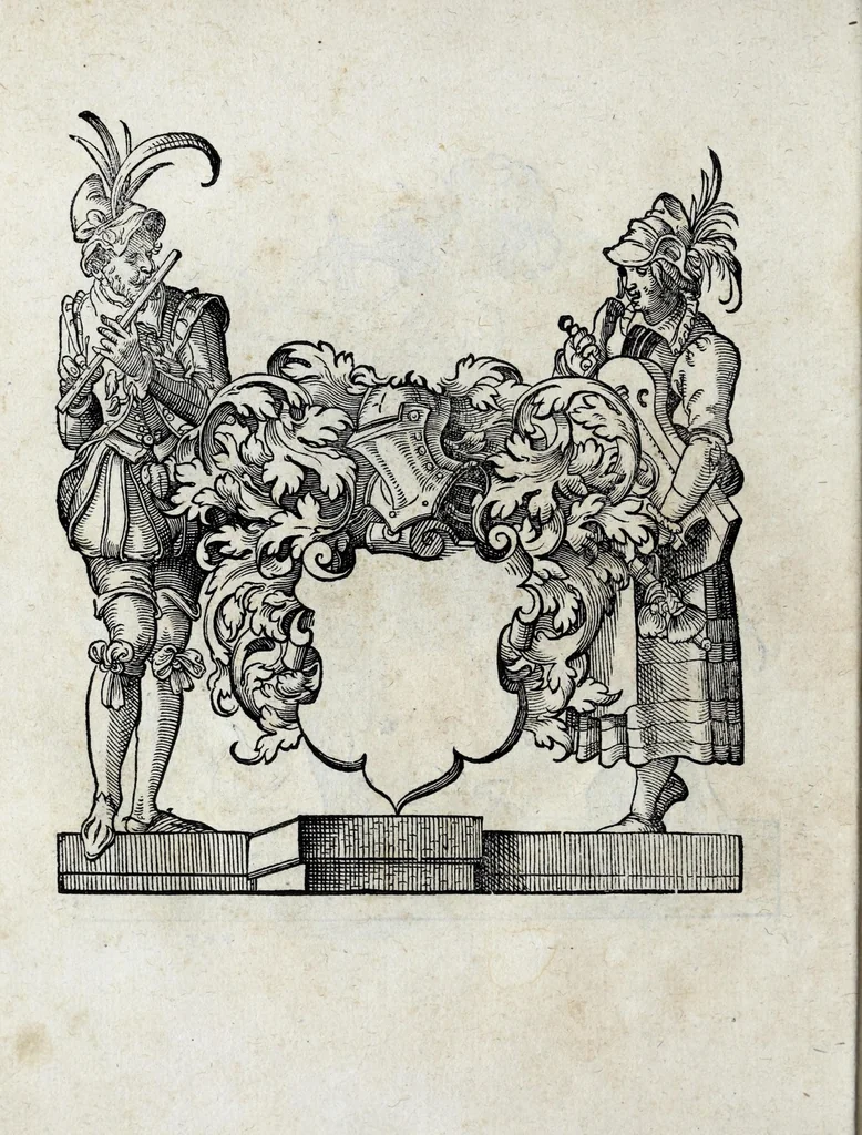 An illustration from Insignia sacrae caesareae maiestatis, principvm electorvm, ac aliqvot illvstrissimarvm, illvstrium, nobilium, & aliarum familiarum, formis artificiosissimis expressa : addito cuiq[ue] peculiari symbolo, & carmine octasticho, quibus cum ipsum insigne tum symbolum ingeniosè, ac sine vlla arrogantia vel mordacitate, liberaliter explicantur : his adiecta svnt totidem vacva (vti appellant) scuta, vt alij quoq[ue], quib. hoc institutum placebit, suae etiam gentis imagines penicillo adijcere possint .., 1579, leaf 262