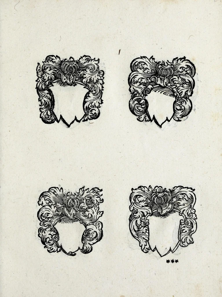 An illustration from Insignia sacrae caesareae maiestatis, principvm electorvm, ac aliqvot illvstrissimarvm, illvstrium, nobilium, & aliarum familiarum, formis artificiosissimis expressa : addito cuiq[ue] peculiari symbolo, & carmine octasticho, quibus cum ipsum insigne tum symbolum ingeniosè, ac sine vlla arrogantia vel mordacitate, liberaliter explicantur : his adiecta svnt totidem vacva (vti appellant) scuta, vt alij quoq[ue], quib. hoc institutum placebit, suae etiam gentis imagines penicillo adijcere possint .., 1579, leaf 269