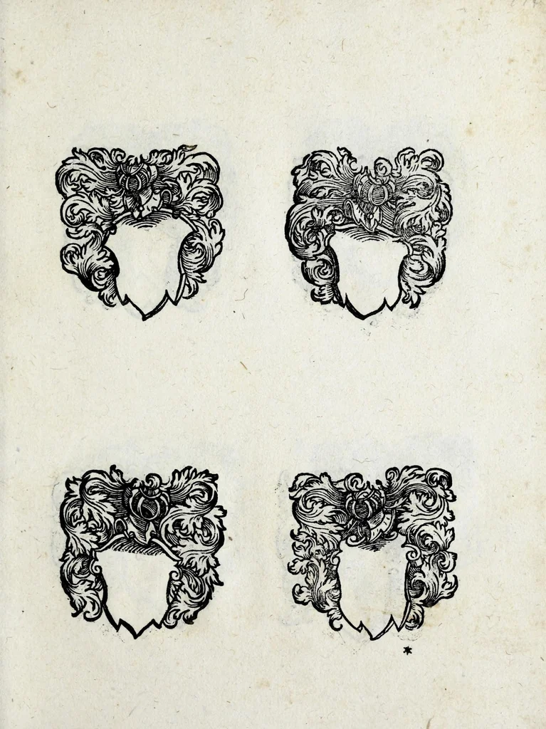 An illustration from Insignia sacrae caesareae maiestatis, principvm electorvm, ac aliqvot illvstrissimarvm, illvstrium, nobilium, & aliarum familiarum, formis artificiosissimis expressa : addito cuiq[ue] peculiari symbolo, & carmine octasticho, quibus cum ipsum insigne tum symbolum ingeniosè, ac sine vlla arrogantia vel mordacitate, liberaliter explicantur : his adiecta svnt totidem vacva (vti appellant) scuta, vt alij quoq[ue], quib. hoc institutum placebit, suae etiam gentis imagines penicillo adijcere possint .., 1579, leaf 273