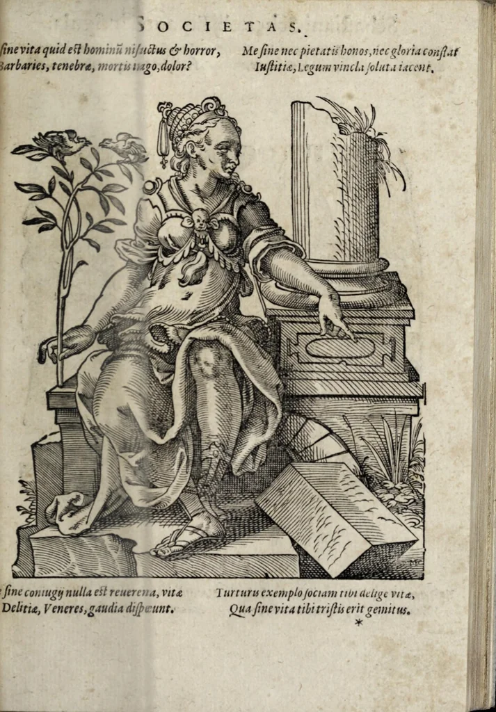 An illustration from Insignia sacrae caesareae maiestatis, principvm electorvm, ac aliqvot illvstrissimarvm, illvstrium, nobilium, & aliarum familiarum, formis artificiosissimis expressa : addito cuiq[ue] peculiari symbolo, & carmine octasticho, quibus cum ipsum insigne tum symbolum ingeniosè, ac sine vlla arrogantia vel mordacitate, liberaliter explicantur : his adiecta svnt totidem vacva (vti appellant) scuta, vt alij quoq[ue], quib. hoc institutum placebit, suae etiam gentis imagines penicillo adijcere possint .., 1579, leaf 53
