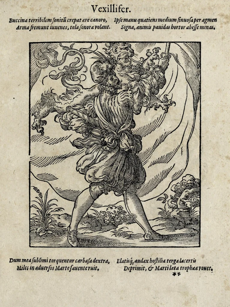 An illustration from Insignia sacrae caesareae maiestatis, principvm electorvm, ac aliqvot illvstrissimarvm, illvstrium, nobilium, & aliarum familiarum, formis artificiosissimis expressa : addito cuiq[ue] peculiari symbolo, & carmine octasticho, quibus cum ipsum insigne tum symbolum ingeniosè, ac sine vlla arrogantia vel mordacitate, liberaliter explicantur : his adiecta svnt totidem vacva (vti appellant) scuta, vt alij quoq[ue], quib. hoc institutum placebit, suae etiam gentis imagines penicillo adijcere possint .., 1579, leaf 57