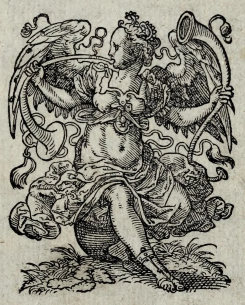 An illustration from Insignia sacrae caesareae maiestatis, principvm electorvm, ac aliqvot illvstrissimarvm, illvstrium, nobilium, & aliarum familiarum, formis artificiosissimis expressa : addito cuiq[ue] peculiari symbolo, & carmine octasticho, quibus cum ipsum insigne tum symbolum ingeniosè, ac sine vlla arrogantia vel mordacitate, liberaliter explicantur : his adiecta svnt totidem vacva (vti appellant) scuta, vt alij quoq[ue], quib. hoc institutum placebit, suae etiam gentis imagines penicillo adijcere possint .., 1579, leaf 7