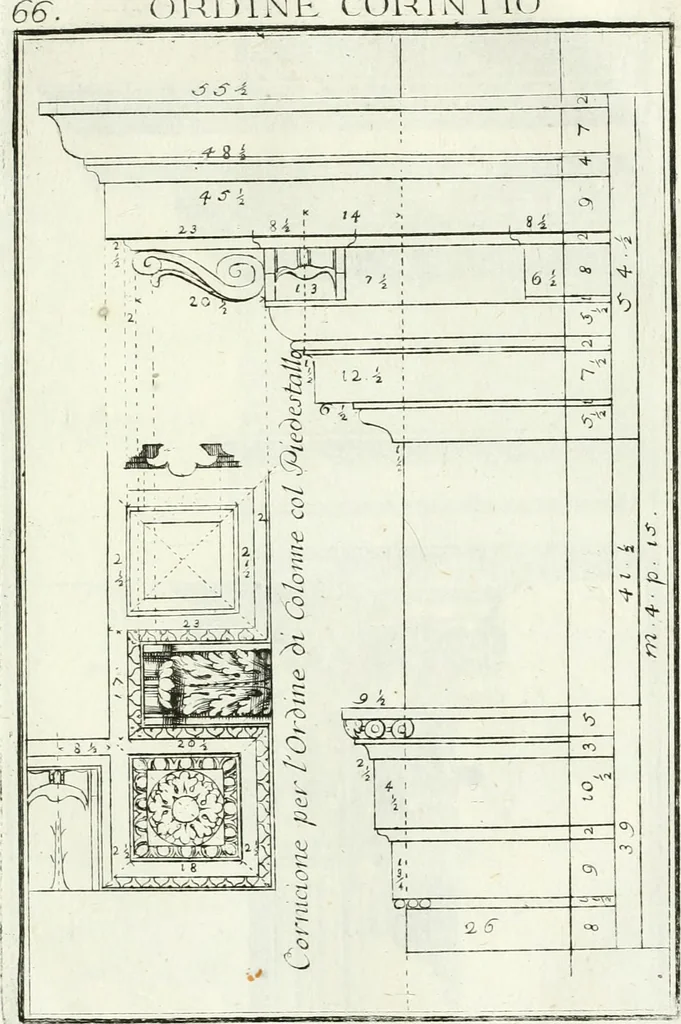 An illustration from Instituzione pratica dell' architettura civile per la decorazione de' pubblici, e privati edifici : preceduta da un articolo di geometria in pratica ad uso delli disegnatori ed artifici, 1766, leaf 138