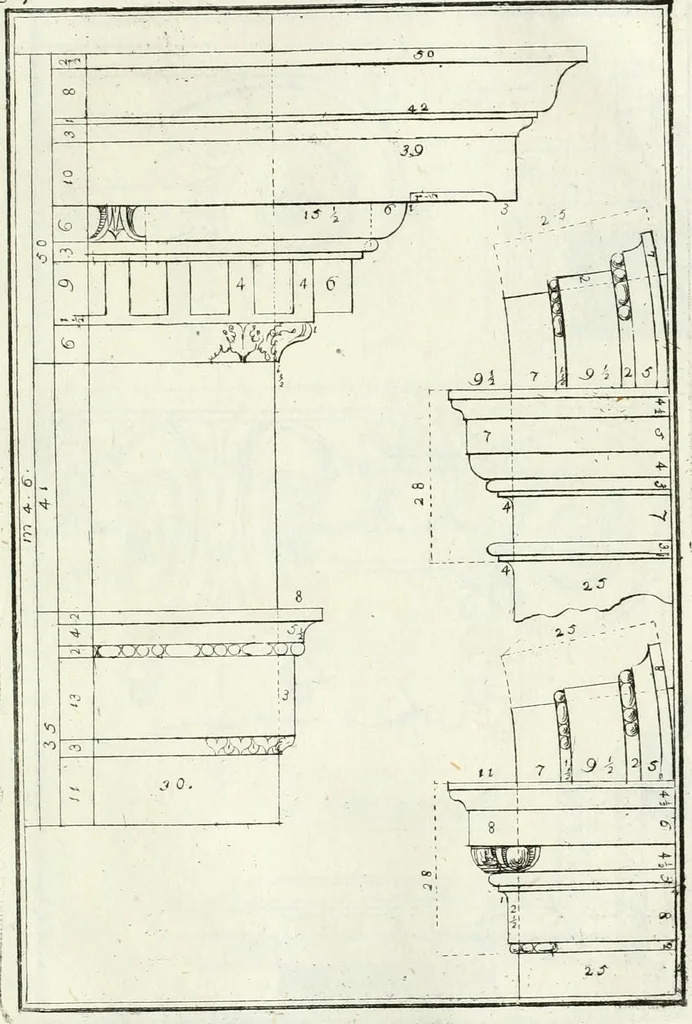 An illustration from Instituzione pratica dell' architettura civile per la decorazione de' pubblici, e privati edifici : preceduta da un articolo di geometria in pratica ad uso delli disegnatori ed artifici, 1766, leaf 174