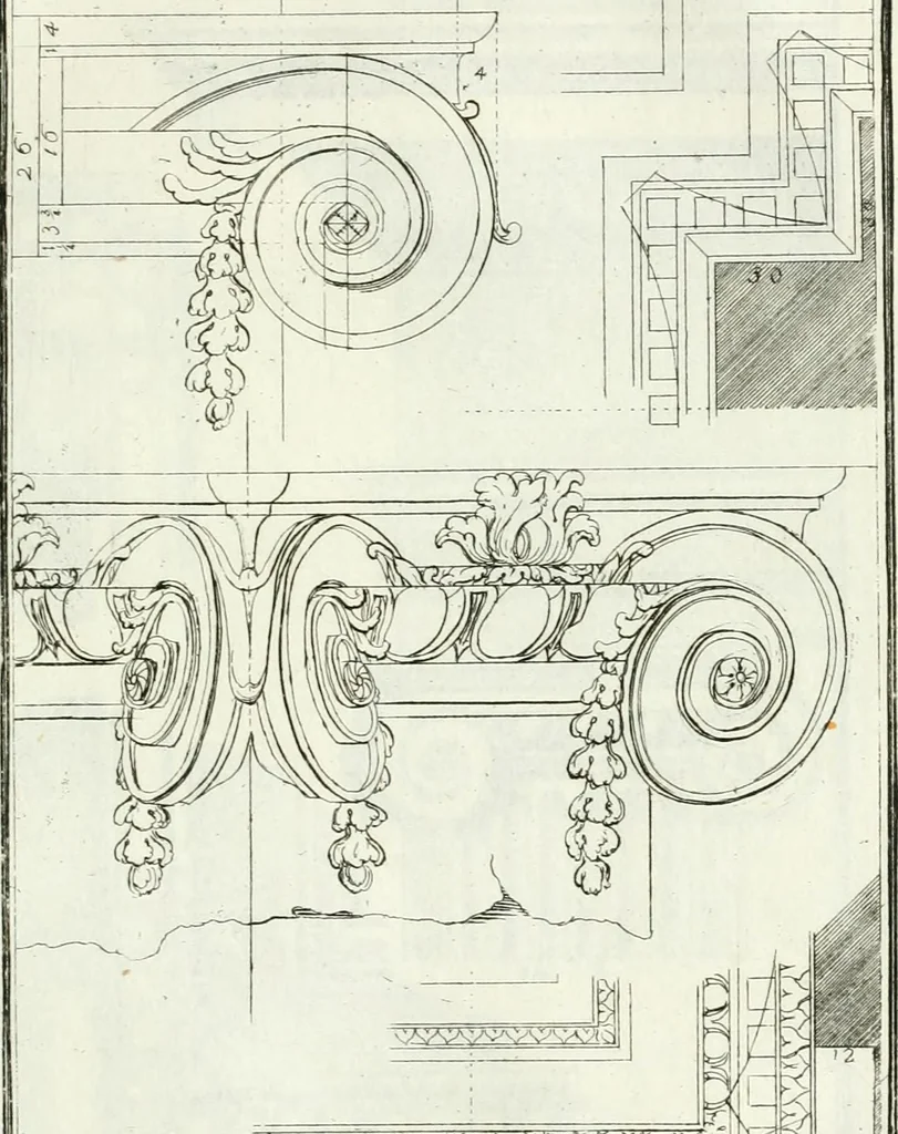 An illustration from Instituzione pratica dell' architettura civile per la decorazione de' pubblici, e privati edifici : preceduta da un articolo di geometria in pratica ad uso delli disegnatori ed artifici, 1766, leaf 176