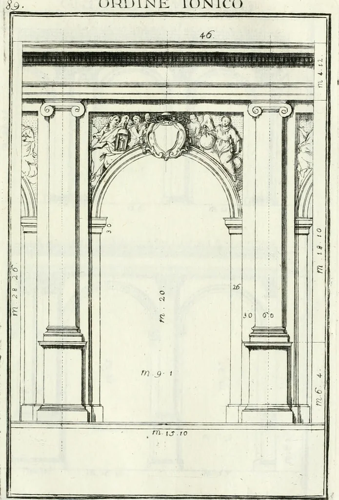An illustration from Instituzione pratica dell' architettura civile per la decorazione de' pubblici, e privati edifici : preceduta da un articolo di geometria in pratica ad uso delli disegnatori ed artifici, 1766, leaf 184