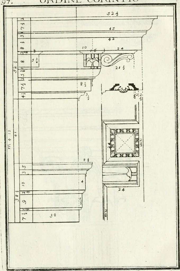 An illustration from Instituzione pratica dell' architettura civile per la decorazione de' pubblici, e privati edifici : preceduta da un articolo di geometria in pratica ad uso delli disegnatori ed artifici, 1766, leaf 200