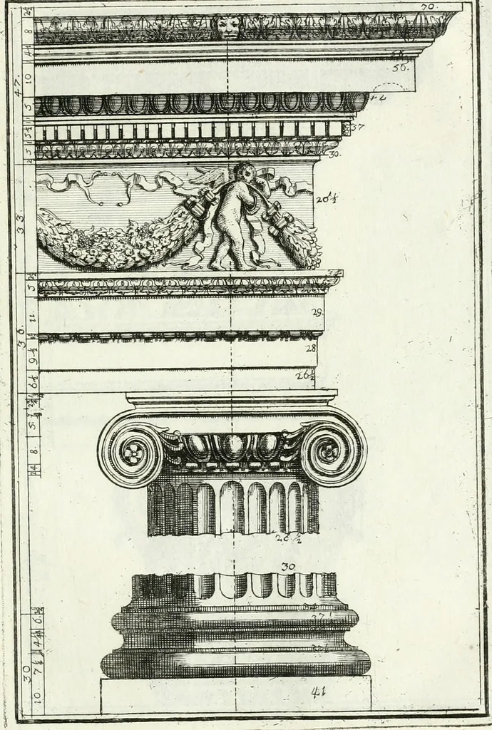 An illustration from Instituzione pratica dell' architettura civile per la decorazione de' pubblici, e privati edifici : preceduta da un articolo di geometria in pratica ad uso delli disegnatori ed artifici, 1766, leaf 222