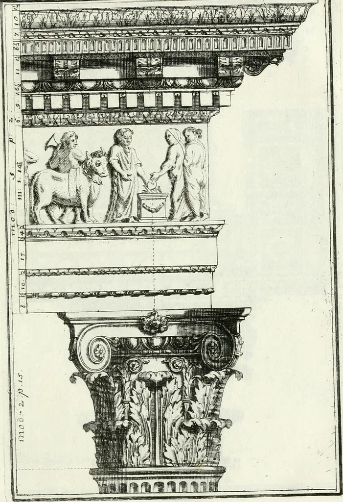 An illustration from Instituzione pratica dell' architettura civile per la decorazione de' pubblici, e privati edifici : preceduta da un articolo di geometria in pratica ad uso delli disegnatori ed artifici, 1766, leaf 224