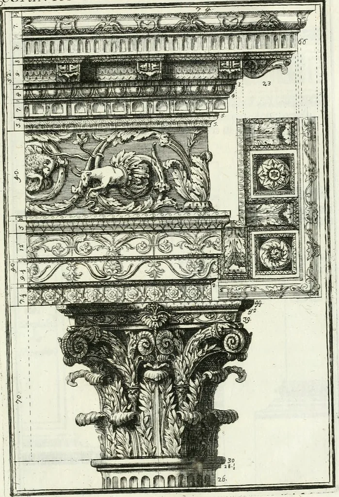 An illustration from Instituzione pratica dell' architettura civile per la decorazione de' pubblici, e privati edifici : preceduta da un articolo di geometria in pratica ad uso delli disegnatori ed artifici, 1766, leaf 226