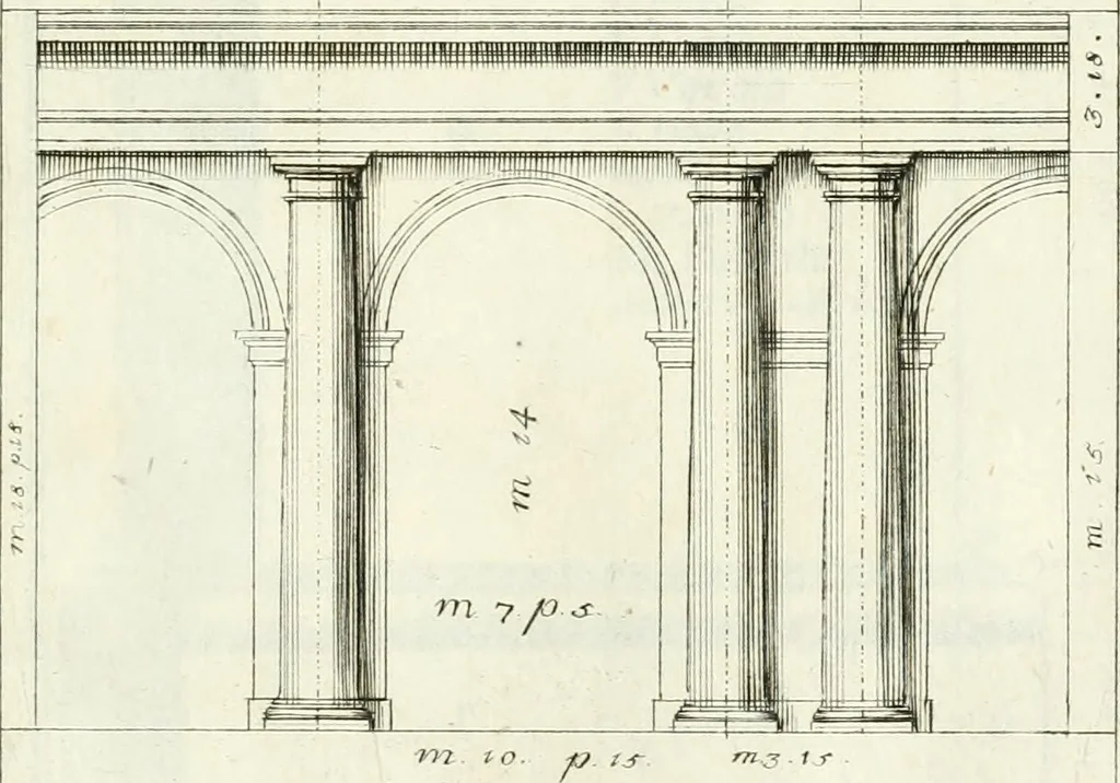 An illustration from Instituzione pratica dell' architettura civile per la decorazione de' pubblici, e privati edifici : preceduta da un articolo di geometria in pratica ad uso delli disegnatori ed artifici, 1766, leaf 34