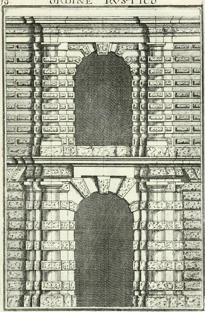 An illustration from Instituzione pratica dell' architettura civile per la decorazione de' pubblici, e privati edifici : preceduta da un articolo di geometria in pratica ad uso delli disegnatori ed artifici, 1766, leaf 44