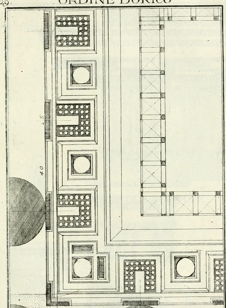 An illustration from Instituzione pratica dell' architettura civile per la decorazione de' pubblici, e privati edifici : preceduta da un articolo di geometria in pratica ad uso delli disegnatori ed artifici, 1766, leaf 58