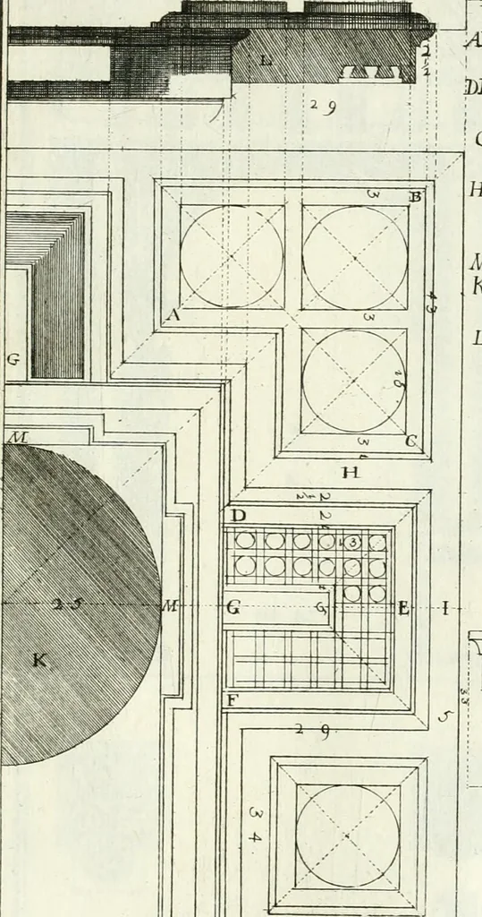 An illustration from Instituzione pratica dell' architettura civile per la decorazione de' pubblici, e privati edifici : preceduta da un articolo di geometria in pratica ad uso delli disegnatori ed artifici, 1766, leaf 68