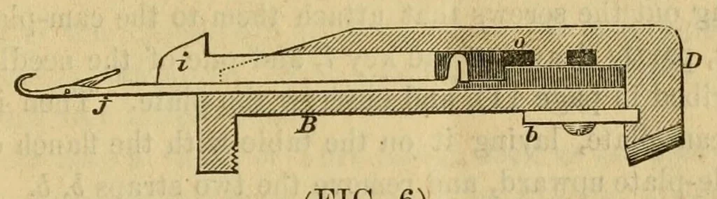 An illustration from Instructions for operators of J. B. Aiken's family knitting machine. Explaining the manner in which the goods are finished up, the machine kept in order, &c., &c. .., 1861, leaf 13