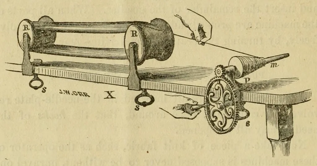 An illustration from Instructions for operators of J. B. Aiken's family knitting machine. Explaining the manner in which the goods are finished up, the machine kept in order, &c., &c. .., 1861, leaf 16