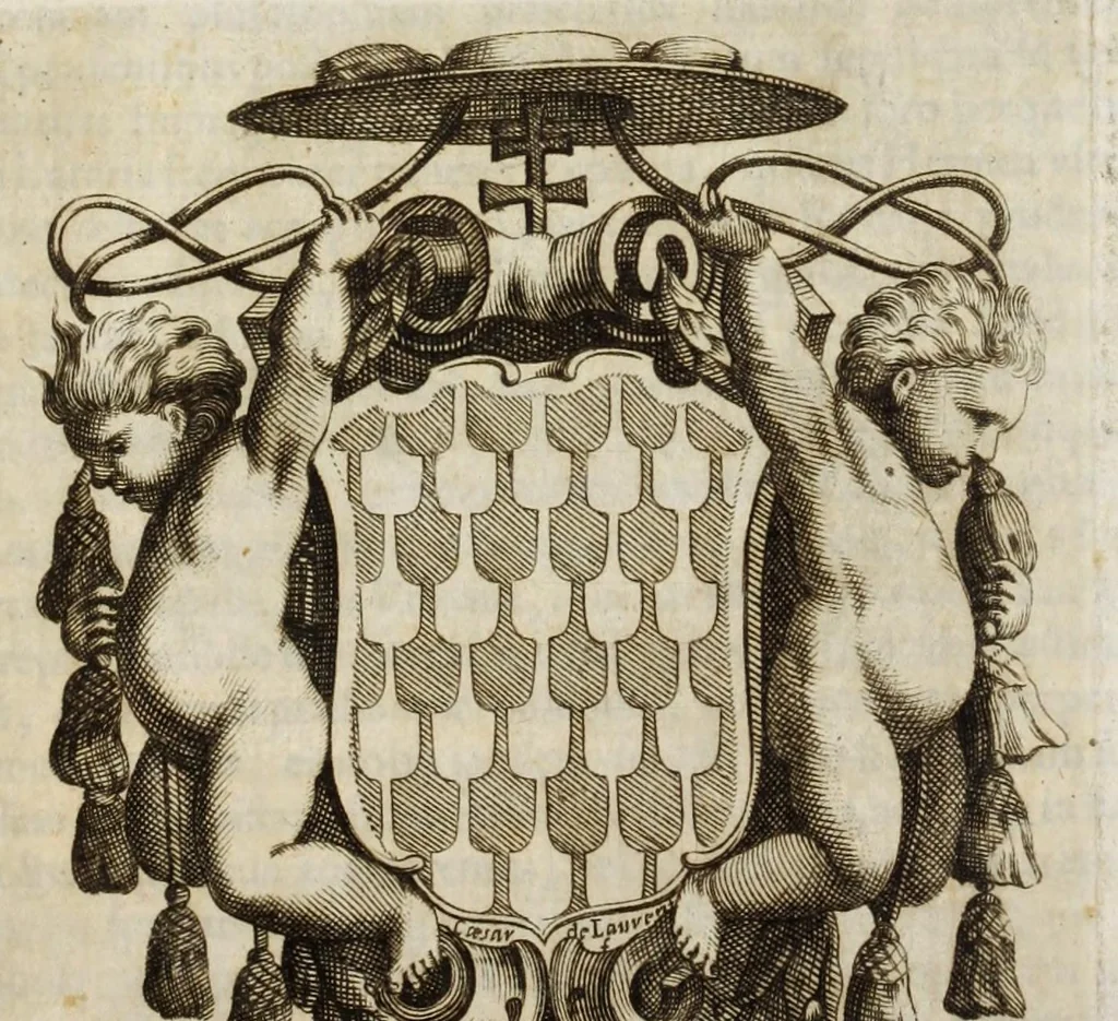 An illustration from Instrumentum donationis, et inuentarium tabularum pictarum ab emin.mo Caesare Cardinali Montio, Mediolani Archiepiscopo, suis in archiepiscopatu successoribus dono datarum sub Consilij Generalis inclytę ciuitatis, vna cum capitulo metropolitanę, & comitibus Vallisaxinae per tempora tutela, 1650, leaf 5