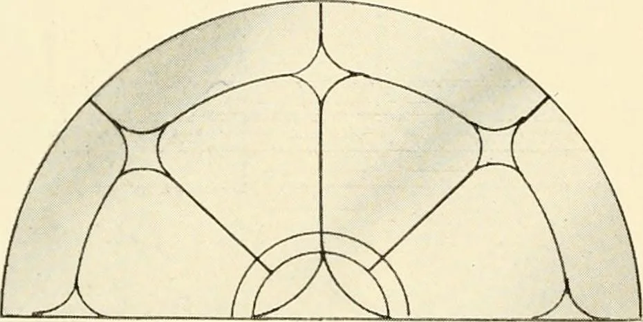 An illustration from International art glass catalogue : art and beveled glass in all its branches : church, memorial, society and domestic windows, Art Nouveau, prism, mitre beveled plate, leaded bevel, etc., 1914, leaf 11