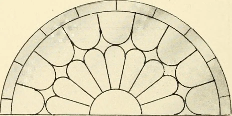 An illustration from International art glass catalogue : art and beveled glass in all its branches : church, memorial, society and domestic windows, Art Nouveau, prism, mitre beveled plate, leaded bevel, etc., 1914, leaf 11