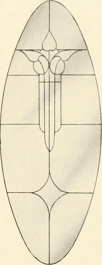 An illustration from International art glass catalogue : art and beveled glass in all its branches : church, memorial, society and domestic windows, Art Nouveau, prism, mitre beveled plate, leaded bevel, etc., 1914, leaf 12