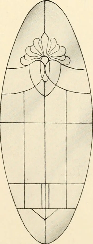 An illustration from International art glass catalogue : art and beveled glass in all its branches : church, memorial, society and domestic windows, Art Nouveau, prism, mitre beveled plate, leaded bevel, etc., 1914, leaf 12