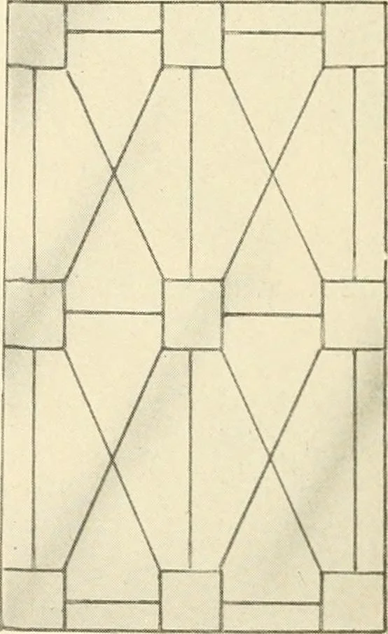 An illustration from International art glass catalogue : art and beveled glass in all its branches : church, memorial, society and domestic windows, Art Nouveau, prism, mitre beveled plate, leaded bevel, etc., 1914, leaf 13