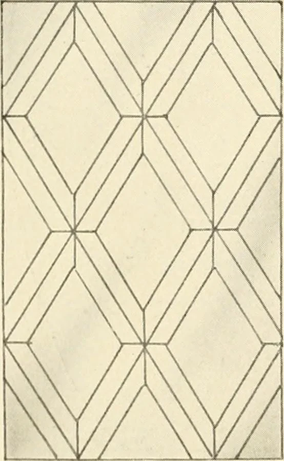 An illustration from International art glass catalogue : art and beveled glass in all its branches : church, memorial, society and domestic windows, Art Nouveau, prism, mitre beveled plate, leaded bevel, etc., 1914, leaf 13
