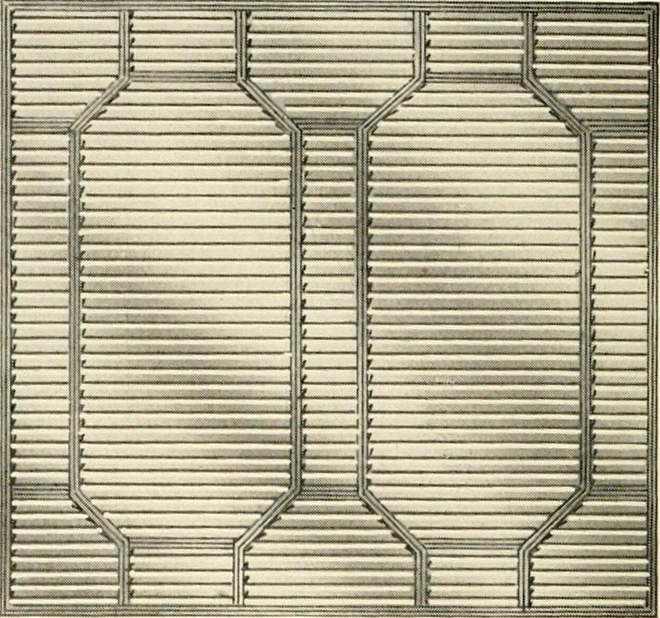 An illustration from International art glass catalogue : art and beveled glass in all its branches : church, memorial, society and domestic windows, Art Nouveau, prism, mitre beveled plate, leaded bevel, etc., 1914, leaf 15